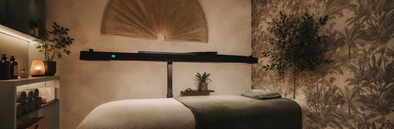 Calm green-toned treatment room with red light panel raised