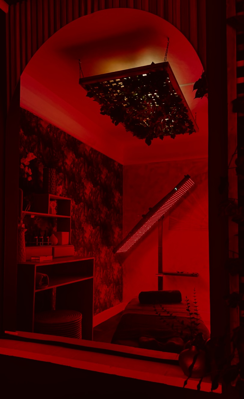 Red-lit arched view into the Firefly treatment room