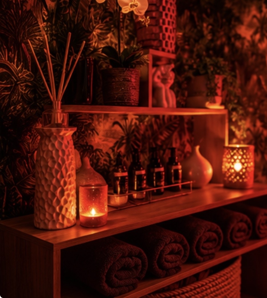 Candles, diffusers and folded towels on the studio shelf