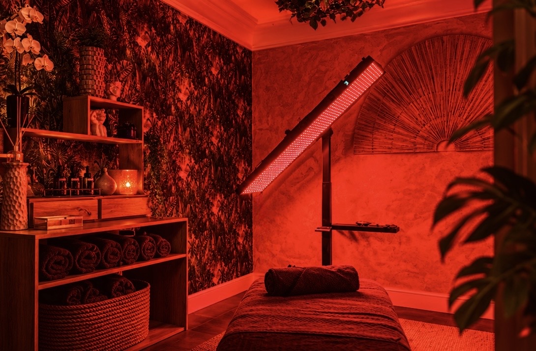 Studio interior with botanical wallpaper and red light panel